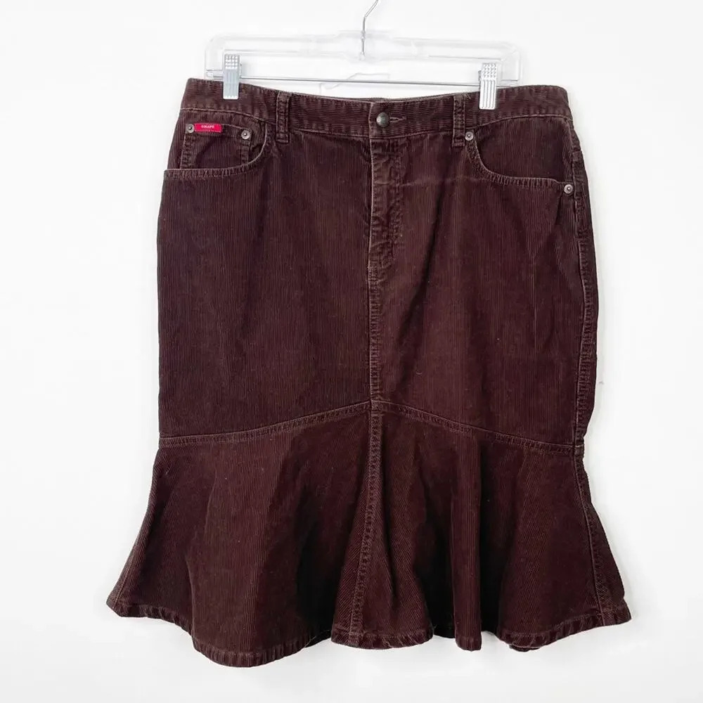 VINTAGE Y2K 00’s 90’s Brown Corduroy Mermaid‎ Trumpet Hem Mini Skirt Sz. 12 - Picture 2 of 3